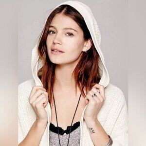 Free People White Oversized Cable Knit Hooded Cardigan